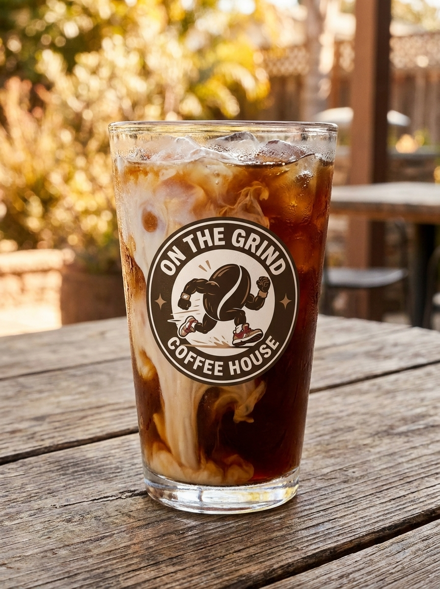 On The Grind branded iced coffee glass