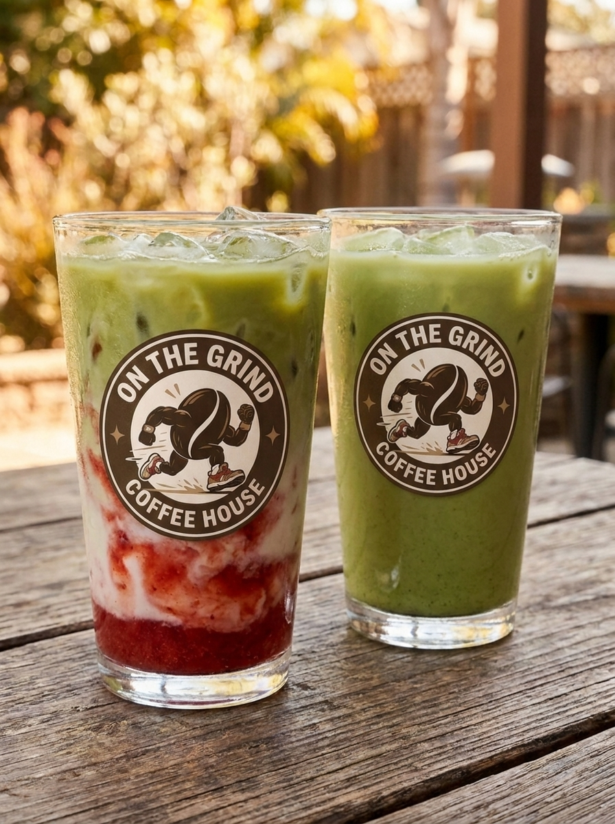 On The Grind branded matcha iced drinks in clear cups