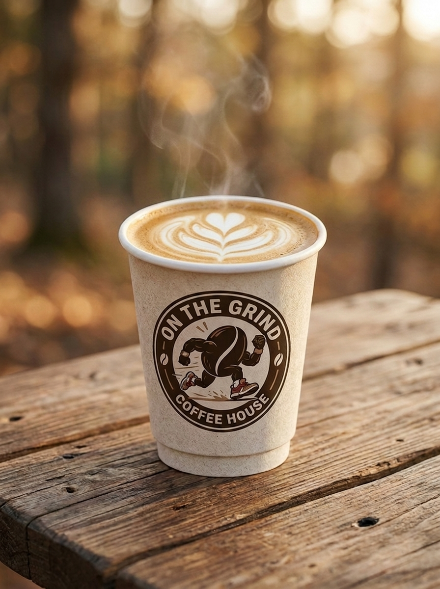 On The Grind branded paper cup with latte art