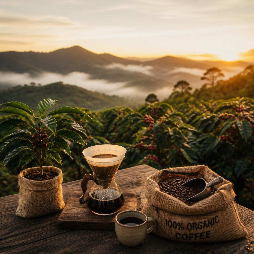 Organic coffee farm with fresh beans and pour-over coffee