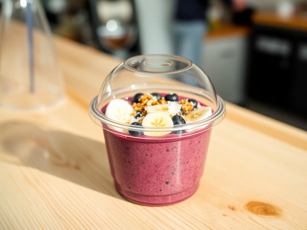Acai smoothie bowl with fresh fruit and granola in a to-go cup